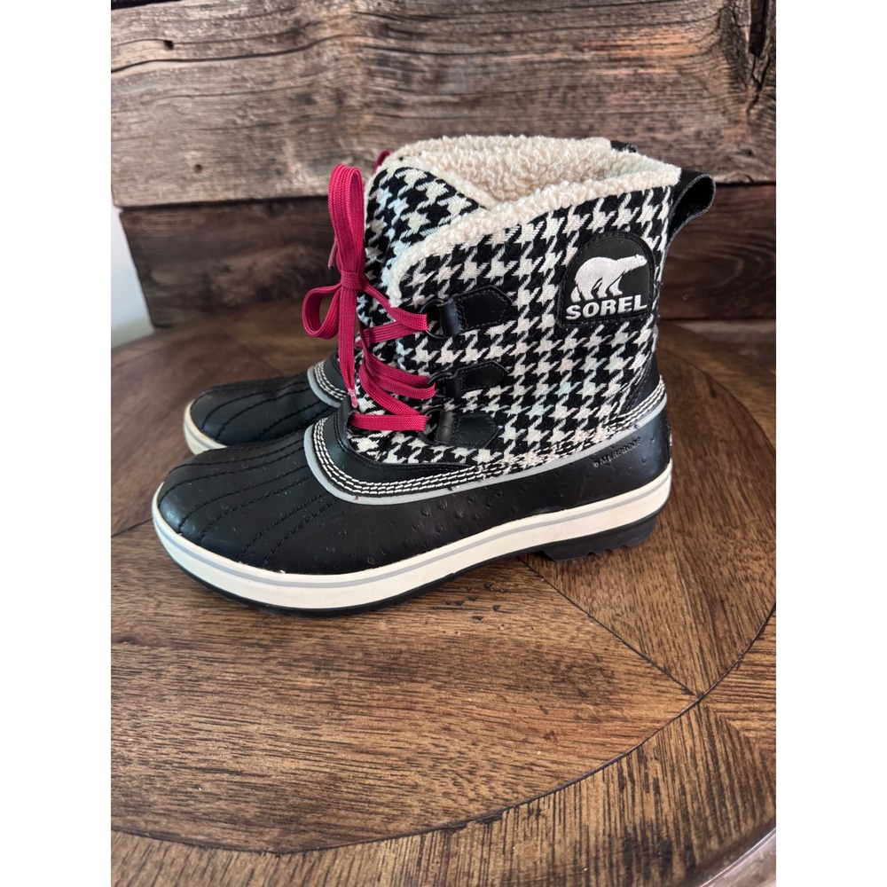 Sorel Winter tivoli  Houndstooth Waterproof Snow Boots Black White Pink size 9